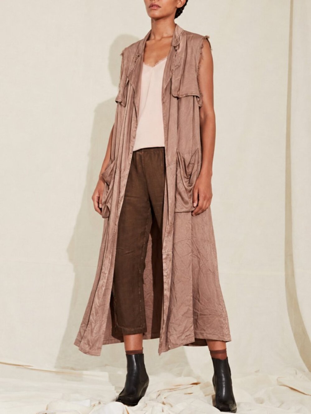 Raquel Allegra Brown Satin Sleeveless Maxi Trench Duster